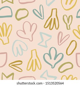 Super cute seamless texture with different shapes. Vector pattern in naive style with cute hand drawn elements. Colorful design .