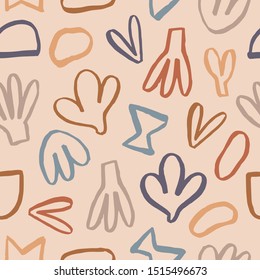 Super cute seamless texture with different shapes. Vector pattern in naive style with cute hand drawn elements. Colorful design .