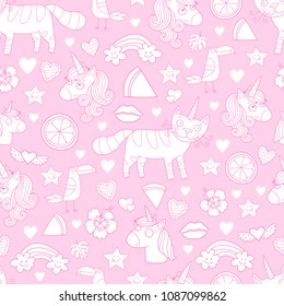 Super cute seamless vector pattern with unicorns, caticorns, birds, tropical fruits and rainbows. Perfect design for fabrics, textile, wrapping paper, stationery for kids.
