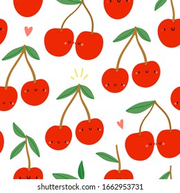 Super cute seamless vector pattern with Red Cherries. Cartoon fruits background. Spring seasonal berry texture. Natural fresh food background in childish style.