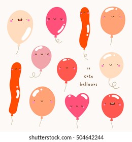 Super cute set of Balloons in pink color. Hand drawn Smiley Balloon characters. Cute vector collection.