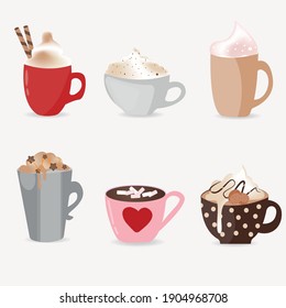 Super cute set of coffee cups, with different types of drinks, cappuccino, cocoa and colorful decorations. Pastel palette