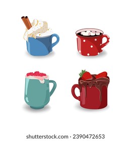 Super cute set of coffee cups, with different types of drinks, cappuccino, cocoa, chocolate covered strawberries, whipped cream with berries. Isolated.