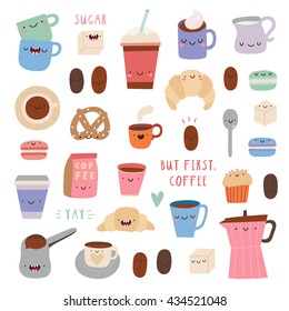 Super cute set of Coffee icons - cups, coffee pot, macaroons, sugar, latte and other tasty coffee. Hand drawn Smiley characters about Coffee and sweets. But First Coffee illustrated collection.