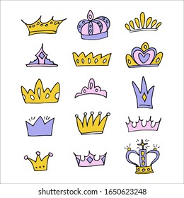 Súper lindo conjunto de coronas aisladas en blanco. Iconos vectoriales de dibujos animados establecidos. símbolo del poder. rey, reina, princesa arriba