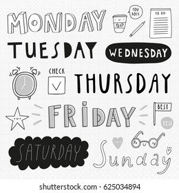 Super cute set of Days Of Week hand lettering. Fun collection of stickers for planner and organizer. Monday, Tuesday, Wednesday, Thursday, Friday, Saturday, Sunday - hand drawn lettering. 