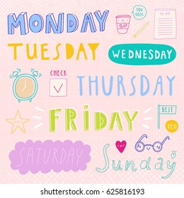 Super cute set of Days Of Week hand lettering. Fun collection of stickers for planner and organizer. Monday, Tuesday, Wednesday, Thursday, Friday, Saturday, Sunday - hand drawn lettering. 