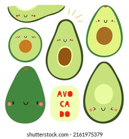 Un conjunto muy lindo - aguacate dibujado a mano diferente. Personaje estacional de la fruta de aguacate con cara sonriente. Graciosa ilustración de comida