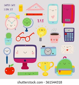 Super cute set of Education icons - computer, phone, notebook, coffee, photo camera and other stuff. Hand drawn Smiley characters about study, work and science. Back to school objects collection.