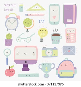 Super cute set of Education icons - computer, phone, notebook, coffee, photo camera and other stuff. Hand drawn Smiley characters about study, work and science. Back to school objects collection.