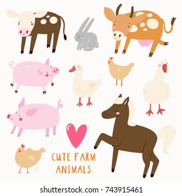 Super cute set of Farm Animals - Horse, Hen, Pig, Cow, Rabbit, Goose. Funny animals illustration in cartoon style.