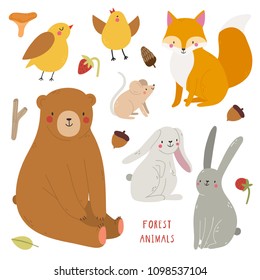 Super cute set of Forest Animals. Cartoon Bear, Mouse, Fox, Bird and Rabbit.