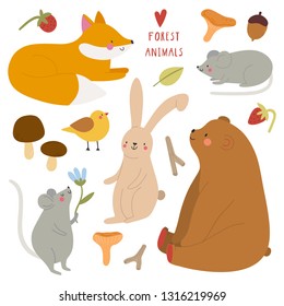 Super cute set of Forest Animals. Hand drawn collection - Bear, Fox, Rabbit, Mouse. Smiley animal characters.
