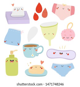 Super cute set of hand drawn Menstrual cycle objects. Vector Menstrual collection - Cup, Pants, Tea, Pad, Tissue, Soap, Cream, Blood drops.