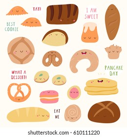 Super cute set of Pastry icons - bread, pie, muffin, pretzel, cookie and other. Hand drawn Smiley characters about Bread and Desserts. Collection of a bakery food cartoon icons.