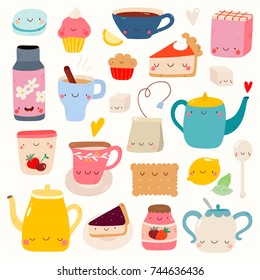 Super cute set of Tea and Sweets icons - kettle, cookie, tea, cake, jam, muffin and other tasty food and drinks. Hand drawn Smiley characters about tea and desserts. Tea Time collection.