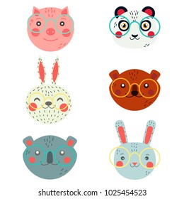 Super cute set of vector animals in glasses. Pig, bunny, koala, panda, bear and rabbit on white background.