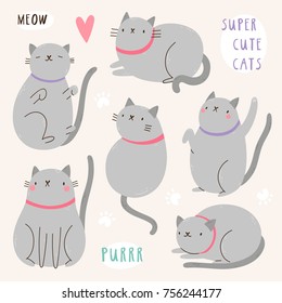 Super cute set of vector Cat characters. Grey Cat illustration. Funny animal collection with cats and paw prints.