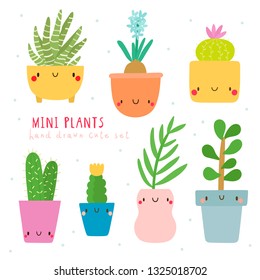 Super cute set of vector Mini Plants. Cartoon hand drawn Houseplants collection. Smiley floral characters.