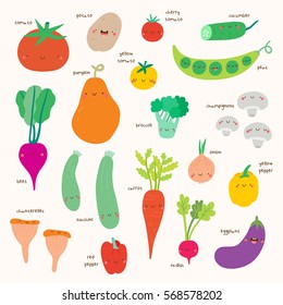 Super cute set of Vegetables and Mushrooms - tomato, potato, cucumber, carrot and other tasty greens. Hand drawn Smiley characters about healthy food