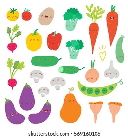 Super cute set of Vegetables and Mushrooms - tomato, potato, cucumber, carrot and other tasty greens. Hand drawn Smiley characters about healthy food