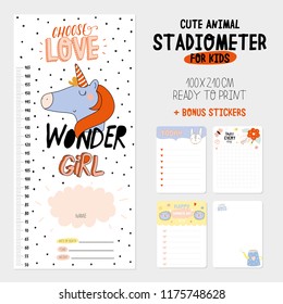 Super cute stadiometer set in vector. Funny animal illustration. Stickers and memo pads. Children scandinavian collection for nursery and baby wall decor.
