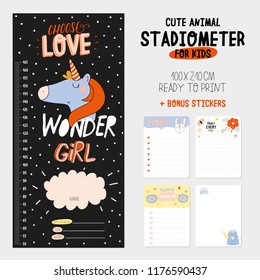 Super cute stadiometer set in vector. Funny animal illustration. Stickers and memo pads. Children scandinavian collection for nursery and baby wall decor.