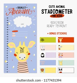 Super cute stadiometer set in vector. Funny animal illustration. Stickers and memo pads. Children scandinavian collection for nursery and baby wall decor.