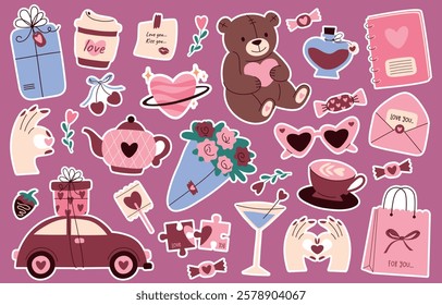 Super cute sticker pack for valentine's day. Gift, heart, bouquet, teddy bear, candy and other elements. Hand drawn stickers for holiday cards.