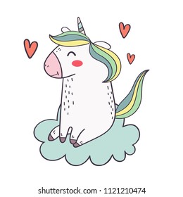 Super cute unicorn sitting on the fluffy cloud on white background. Perfect for baby showers, birthdays, greeting cards, stickers, wall decals.