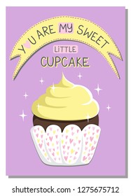 Super cute Valentine's day postcard and poster. Hand drawn vector elements and trendy lettering. Lovely cupcake illustration. Warm yellow and purple pastel colors. EPS10 vector.