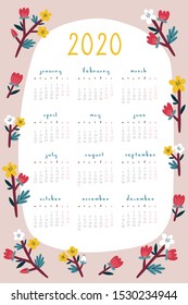 Super cute vector Calendar for 2020 year. Ready to use Calendar template with hand drawn Flowers. Decorative 2020 Calendar design.