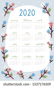 Super cute vector Calendar for 2020 year. Ready to use Calendar template with hand drawn Flowers. Decorative 2020 Calendar design.