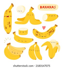 Super cute vector collection with hand drawn Bananas. Summer fruit set. Different bananas on a white background