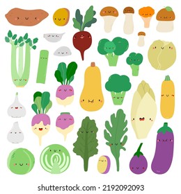 Super cute vector collection of hand drawn vegetables. Seasonal vegetables set. Autumn vegetables characters - sweet potato, beet, mushrooms, broccoli, celery, turnip, garlic, cabbage, arugula, kale