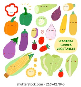 Super cute vector illustration - Seasonal Summer Vegetables. Hand drawn collection of different vegetables. Healthy food characters set