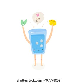 Super cute vector illustration of a Water Glass with Lemon and Mint. Tasty water - Drink it! Hand drawn Smiley characters about healthy lifestyle.