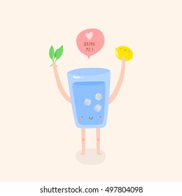 Ilustración vectorial super linda de un vaso de agua con limón y leche. ¡Agua deliciosa - Beba! Hand dibujó personajes de Smiley sobre el estilo de vida saludable.
