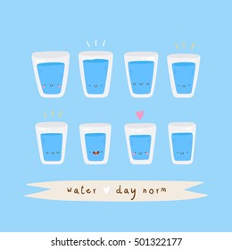 Super cute vector illustration of a Water Glasses - Day norm. Tasty water - Drink it! Hand drawn Smiley characters about healthy lifestyle.