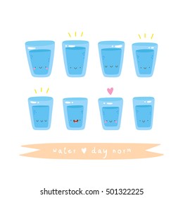 Super cute vector illustration of a Water Glasses - Day norm. Tasty water - Drink it! Hand drawn Smiley characters about healthy lifestyle.