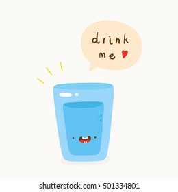 Super cute vector illustration of a Water Glass. Tasty water - Drink me! Hand drawn Smiley characters about healthy lifestyle.