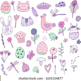 Super cute vector isolated on white set of character bunch of , elements for easter design. Hand drawn doodle icons of rabbit, hen, chic, pastry, flowers for season spring
