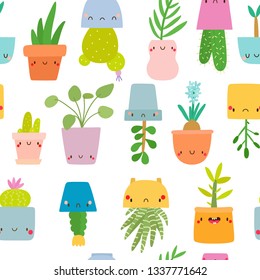 Super cute vector pattern with hand drawn Mini Plants. House Plants characters background.