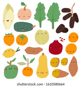 Colección vectorial super adorable de frutas y verduras. Dibujo manual de la comida al estilo de las caricaturas. Conjunto de frutas y verduras de invierno.