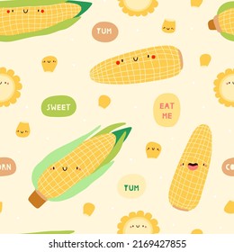 Super cute vector seasonal pattern with Sweet Corn. Summer seasonal vegetable background. Cute food texture