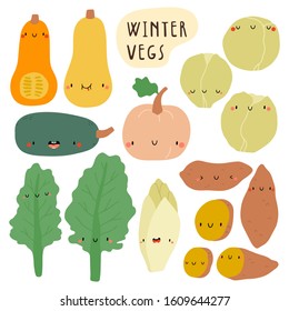 Colección vectorial super adorable de verduras estacionales. Dibujo manual de la comida al estilo de las caricaturas. Invierno y Verduras.