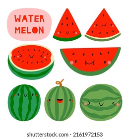 Super cute vector set - different hand drawn Watermelon. Seasonal Watermelon fruit character with smiley face. Funny food illustration