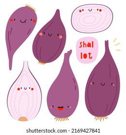 Super cute vector set - different hand drawn Shallots. Summer seasonal onion - vegetables characters collection. Funny food illustration