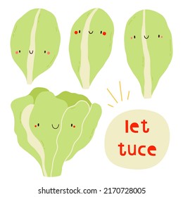 Super Cute Vector Set - Different Hand Drawn Lettuce. Summer Seasonal Greens  Lettuce Characters Collection. Funny Food Illustration