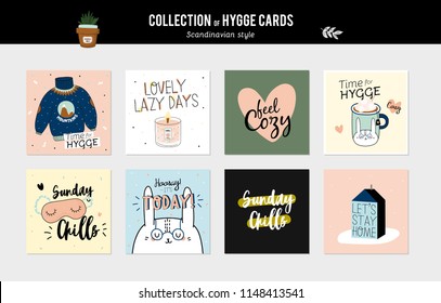 Super cute vector set of hygge cards and posters. Cute illustration autumn and winter hygge elements. Isolated. Motivational typography of hygge quotes. Scandinavian style